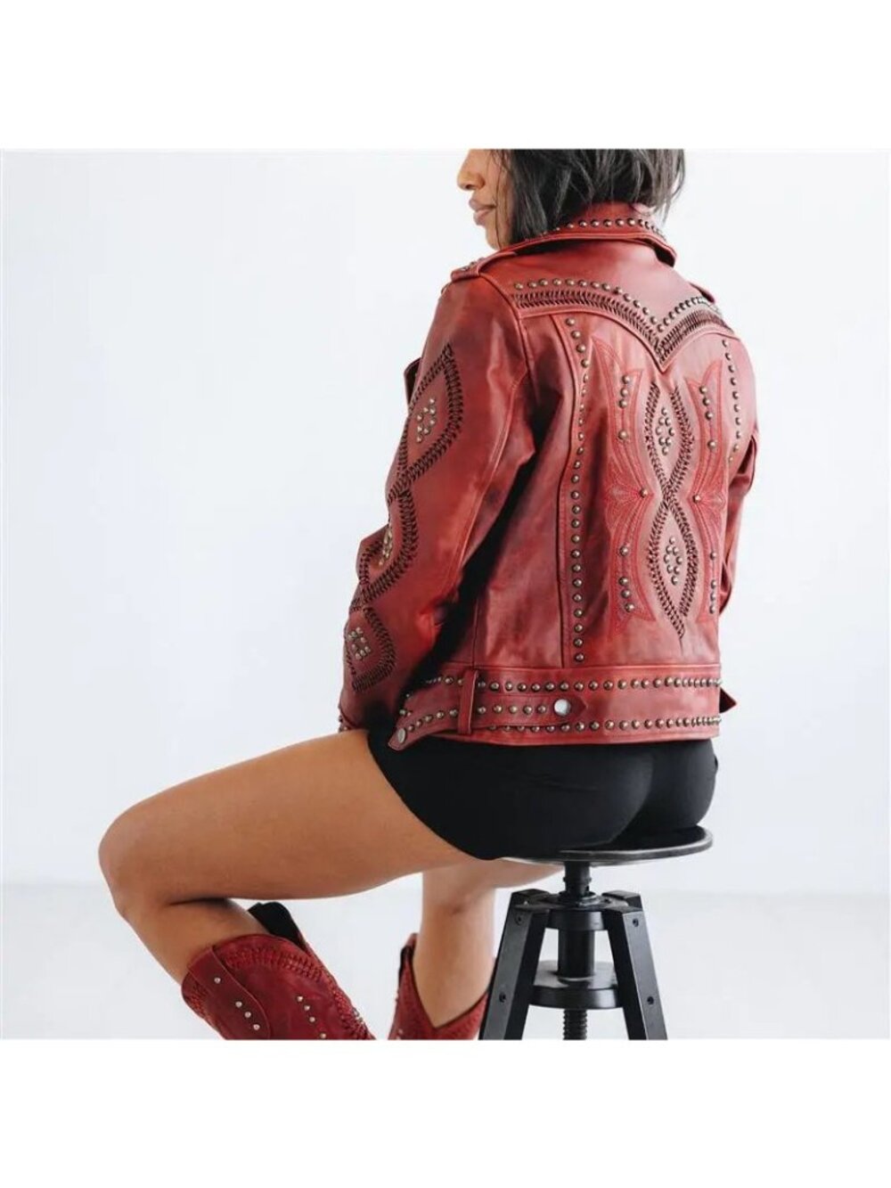 Lane Boots COSSETTE Red Leather Jacket Western Cowgirl Biker Bomber Coat Size XL - Picture 13 of 14